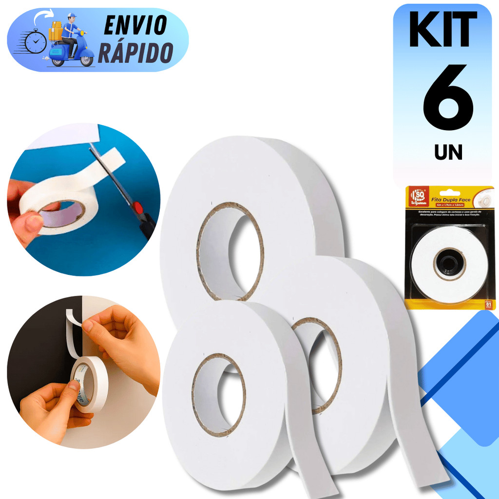 KIT 6 FITA DUPLA FACE 4M PROFISSIONAL BRANCA BRICOLAGEM FIXAÇÃO COLA OBRA CARRO DECORAÇÃO