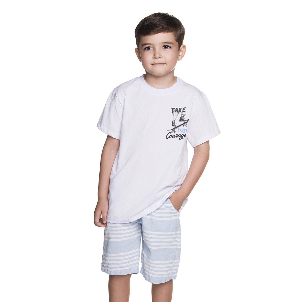 Conjunto Meninos Camiseta Branca Skate e Bermuda Eco Azul Listrada Have Fun