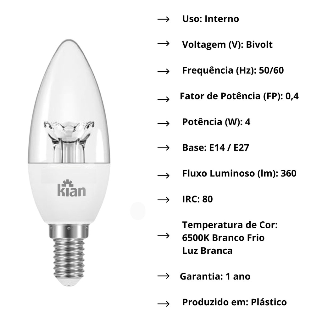 Detalhes do Kit Lampada LED Vela Clara 4W 6500K Bivolt E14/E27 Kian