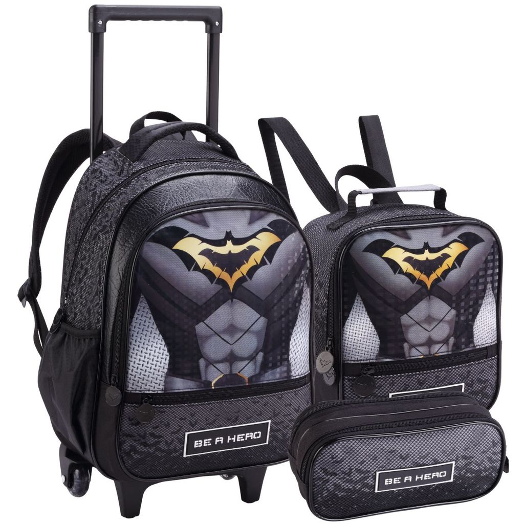 Kit Mochila Escolar com Rodinha, Estojo e Lancheira, Menino, Super Heroi em Oferta na Shopee