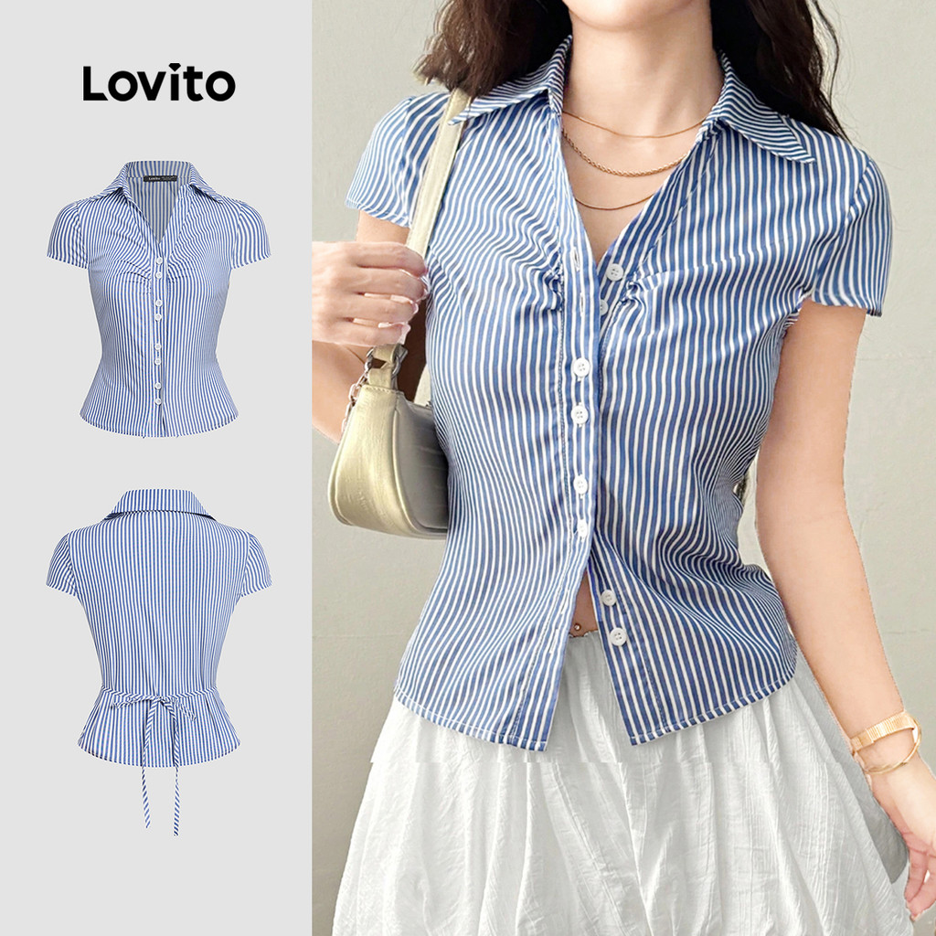 Lovito  Blusa Casual com Botões Estrutura Linha Azul Blusa para Mulheres L171AD012 em Oferta na Shopee