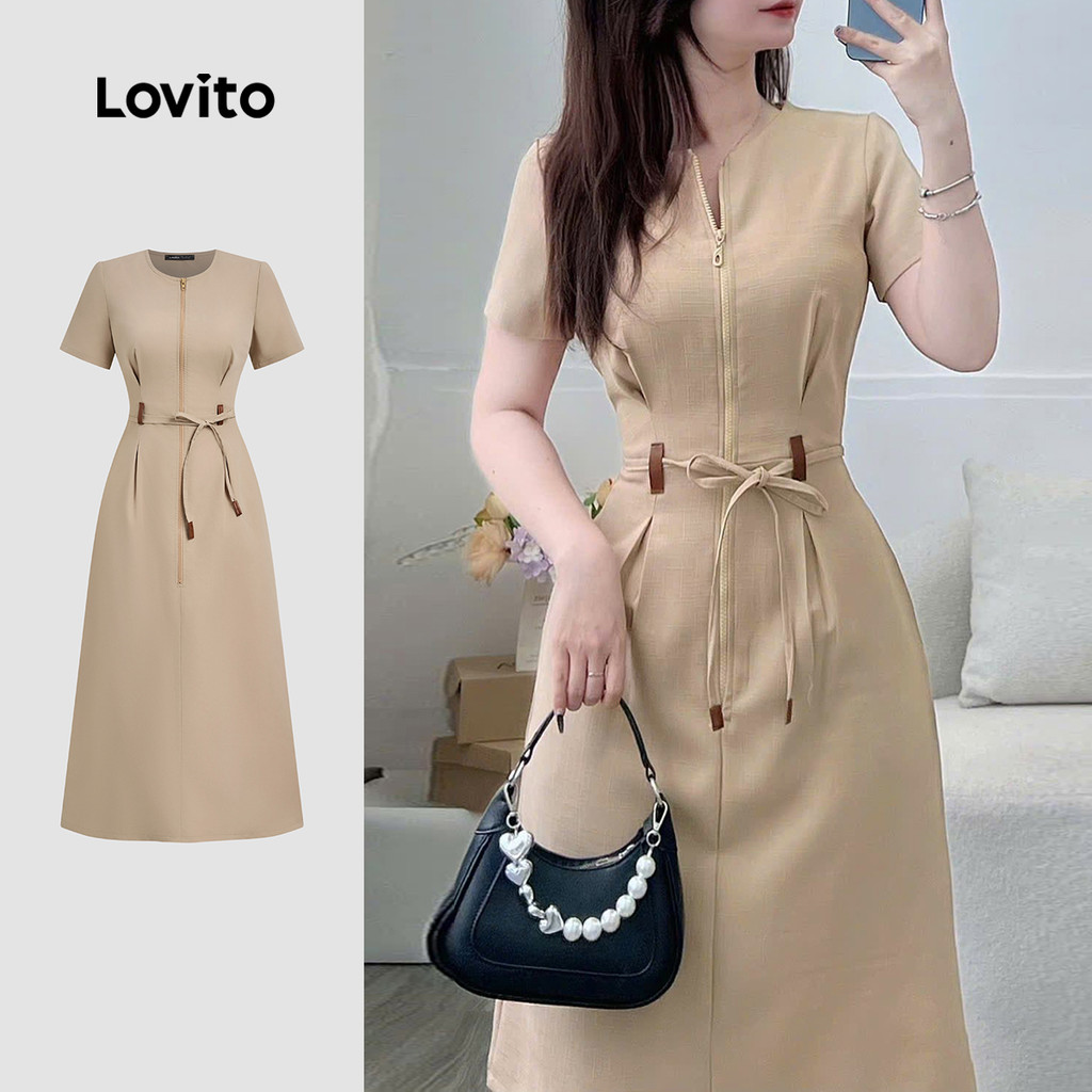 Lovito  Tecido de Vestido Casual Formal Casamento Dama De Honra Primavera/verão Vestido Cáqui para Mulheres L171ED1062 em Oferta na Shopee