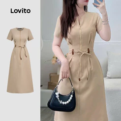Lovito Zíper Elegante Tecido de Vestido Formal Casamento Dama De Honra Primavera/verão Cáqui para Mulheres L171ED1062