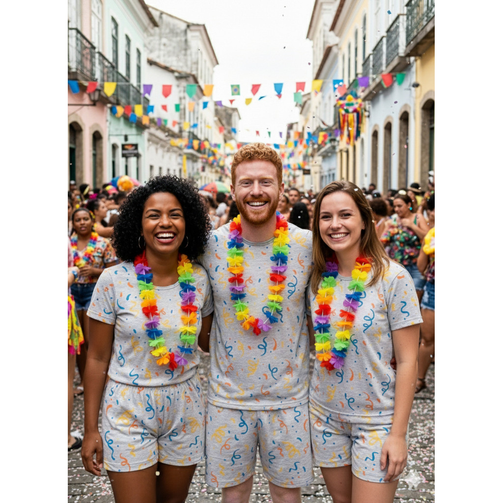 Kit 3 Pijamas Adulto Fantasia Amigos Verão Carnaval Folia
