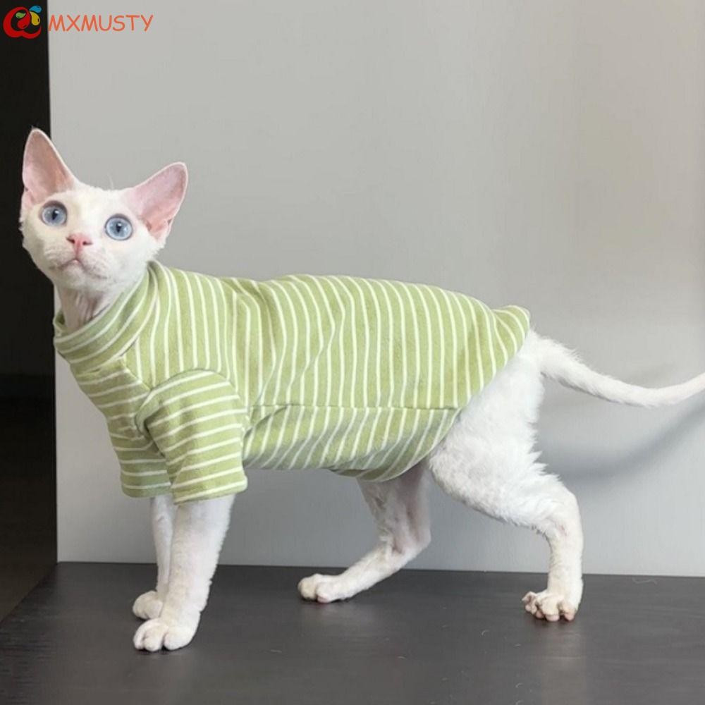 MXMUSTY Sphynx Roupas Para Gatos , Camisa Elástica Macia Sem Pêlos Com Base De Duas Pernas Macacão Listrado