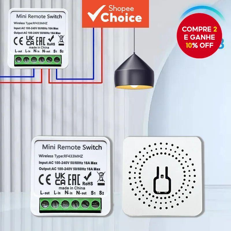 Receptor Mini Relé RF433 Interruptor Controle Remoto 16A Para Automação Residencial