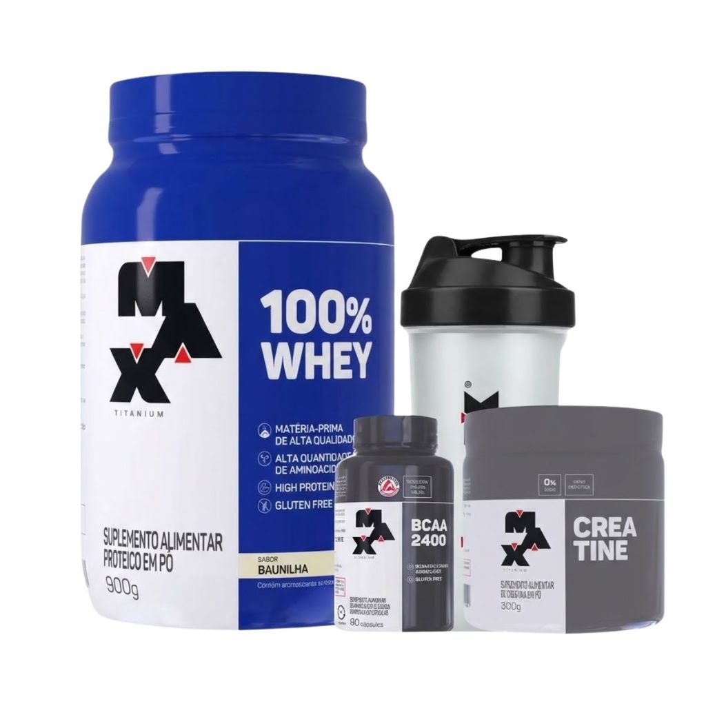 Whey Protein Concentrado Baunilha Pote 900g Mix + Creatina Bcaa + Coqueteleira 700ml Max Titanium