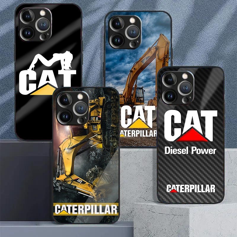 Gato Caterpillar Vidro Temperado Caso De Telefone Para IPhone 15 14 13 12 11 Pro XS Max Plus Mini X XR 8 7 6s SE2/3 Capa