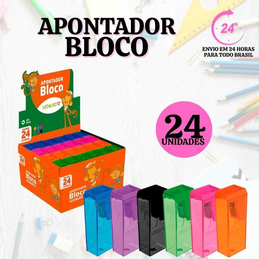 Kit 24 Unidades Apontador Escolar Com Depósito Leonora Leo & Leo