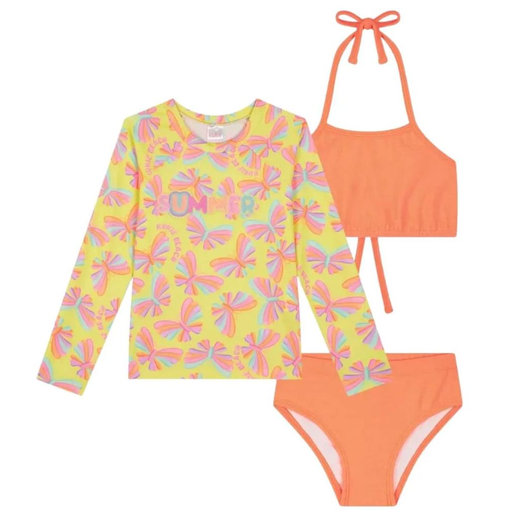 Conjunto Kukiê Biquíni e Blusa Malha C/ Proteção UV Laranja