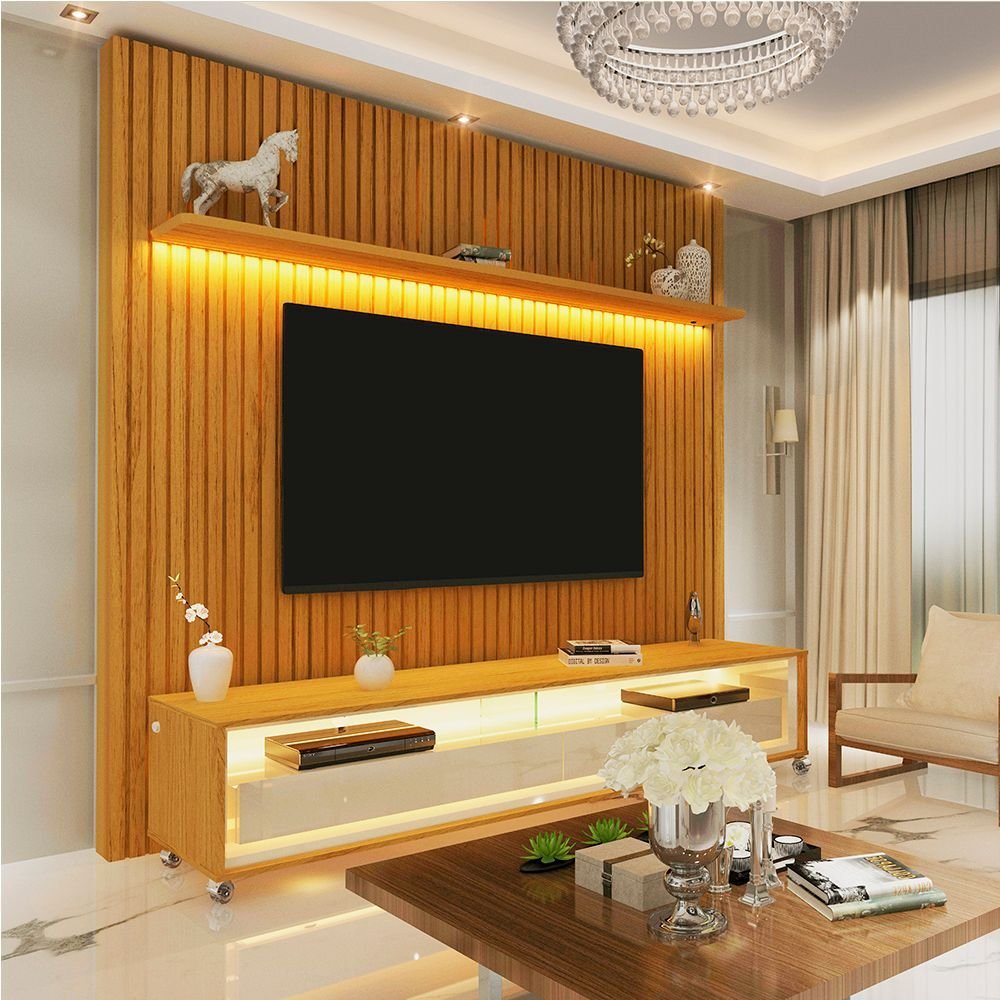 Rack com Painel para TV até 75 Polegadas Ripado Led com Rodízios 184cm Nobre 100% MDF Naturale em Oferta na Shopee