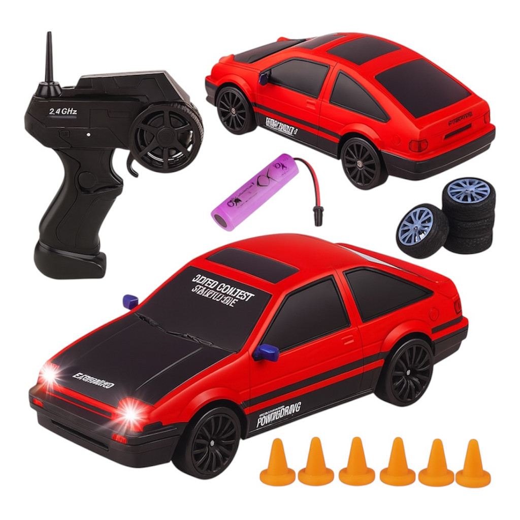 Carrinho Drift 4wd Controle Remoto Luz E Cones Rodas Extras
