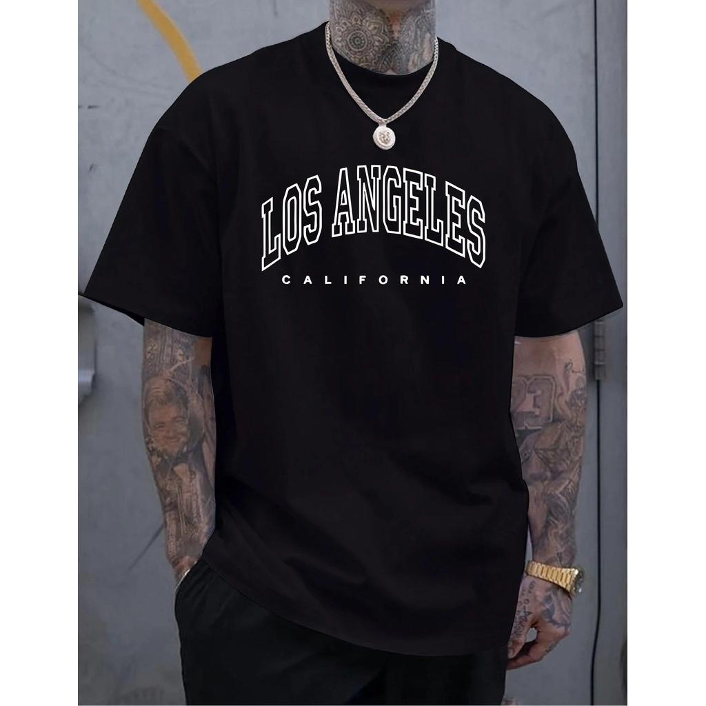 Camiseta Masculina Streetwear Algodão Penteado Infantil Adulto Plus Size Estampa Los Angeles California Simples Moda