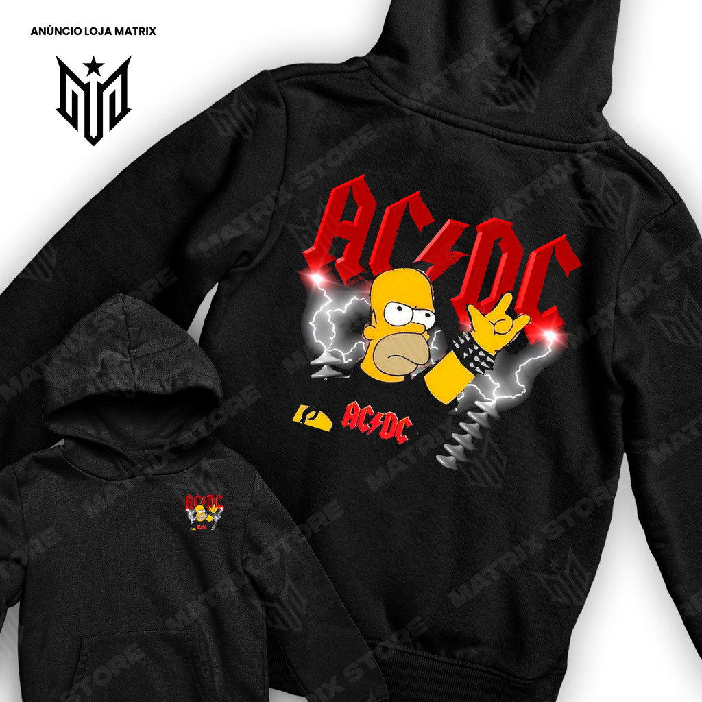 Moletom Canguru Banda ACDC Homer Simpson Rock & Roll Frente E Verso Banda de Rock
