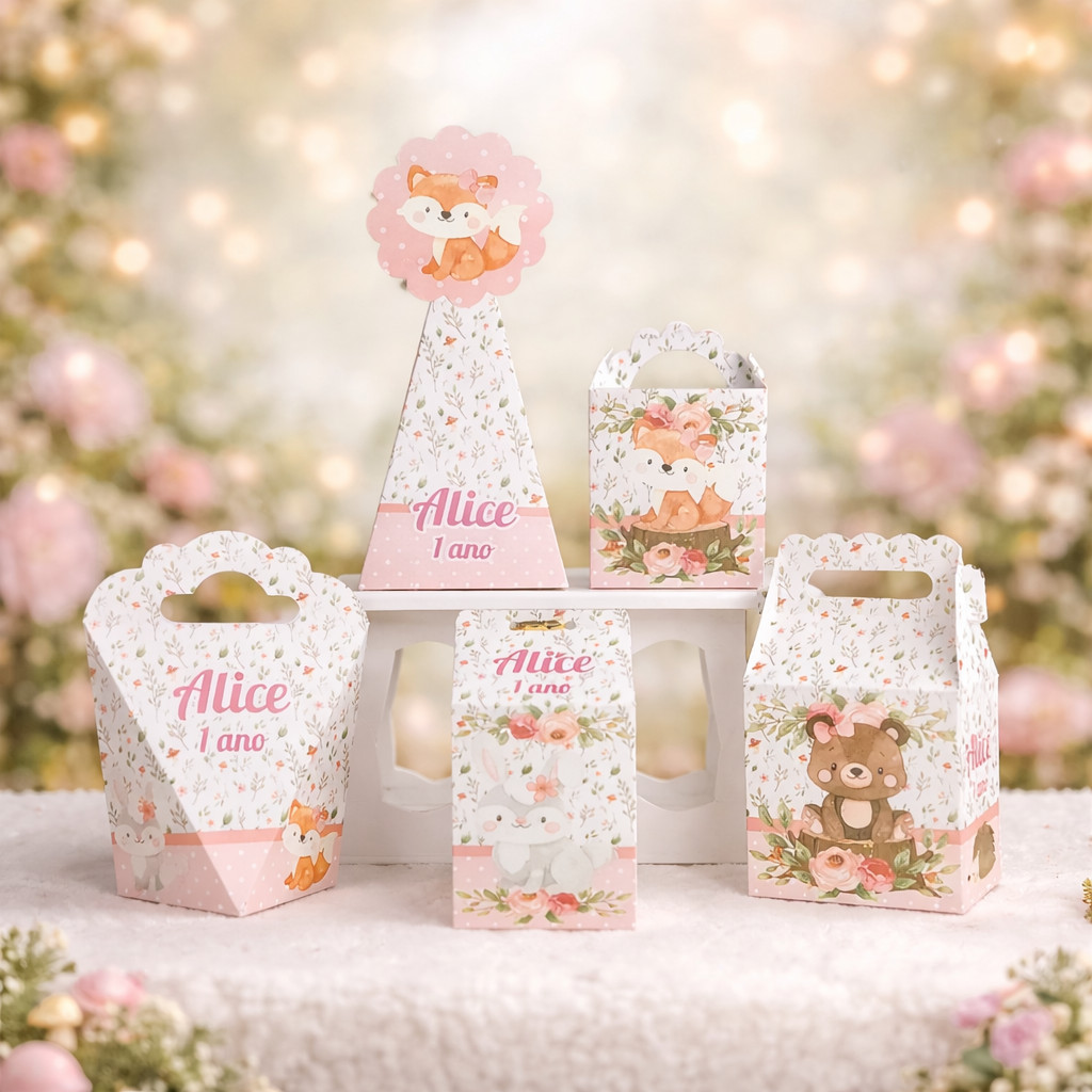 Lembrancinhas Bosque Encantado Kit Festa Infantil Aniversário Menina Pegue e Monte Personalizados Caixinhas
