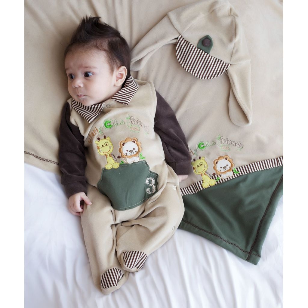 Saída Maternidade Bordado Safari Saída Maternidade Quentinha Plush 03 Peças