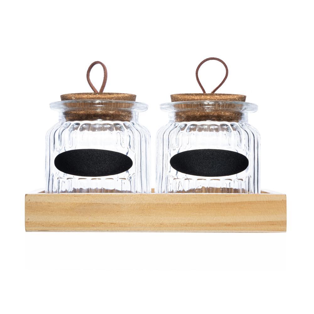 Conjunto 2 Potes de Vidro 260ml Tampa Cortiça Suporte Madeira Lyor para Mantimentos Temperos Organização Cozinha Prática