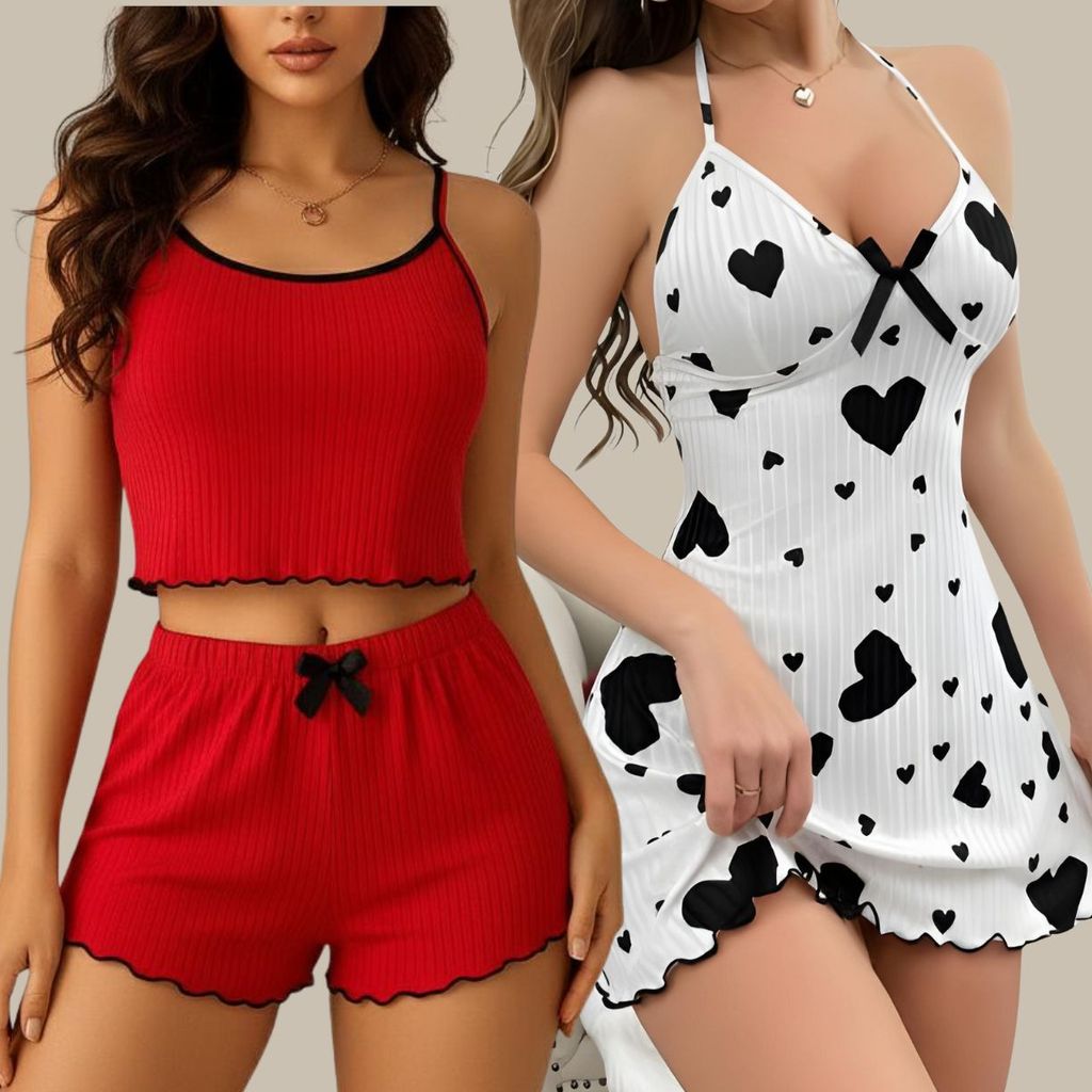 Kit Lingerie Feminino 2 Conjuntos Camisola + Pijama Baby Doll Sexy Coração Dormir