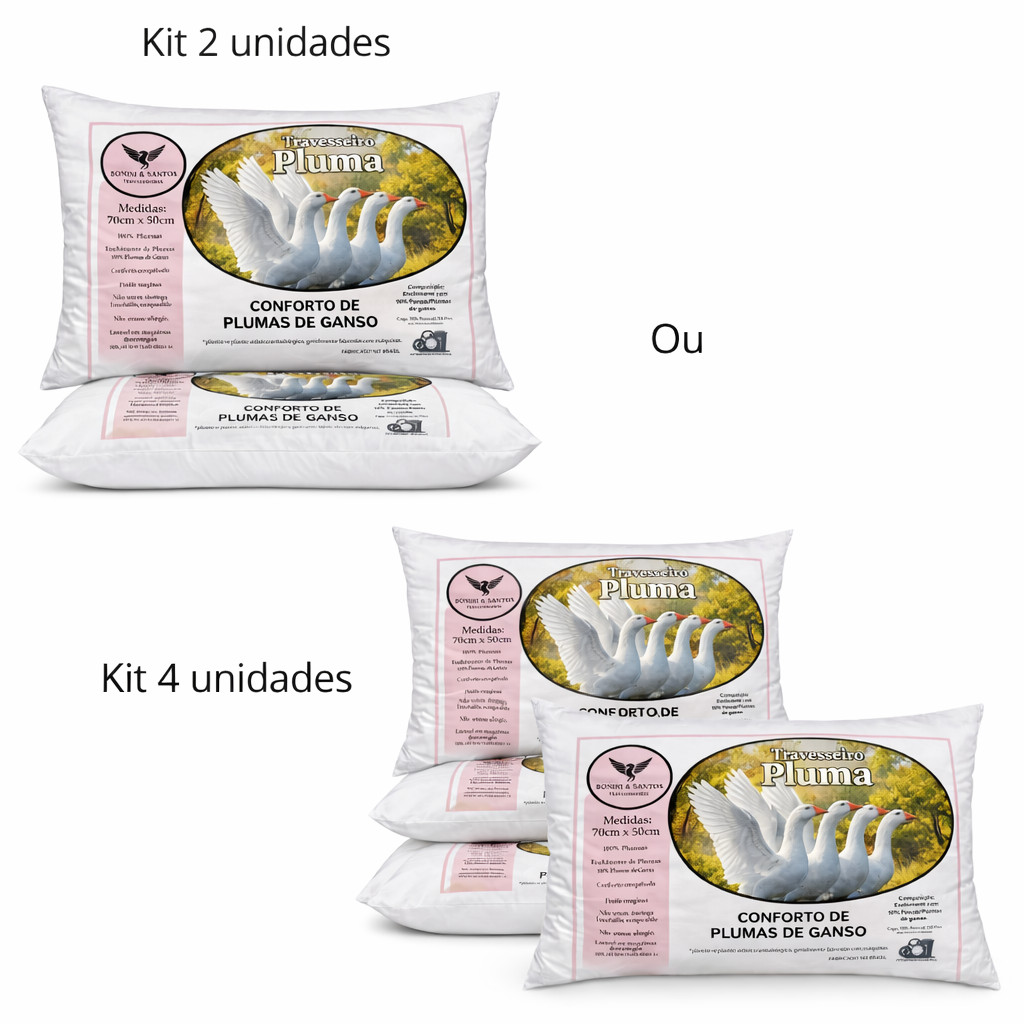 Kit Travesseiro Pluma de Ganso Confortavel e Macio Antiacaro 70x50cm 2 ou 4 Travesseiros