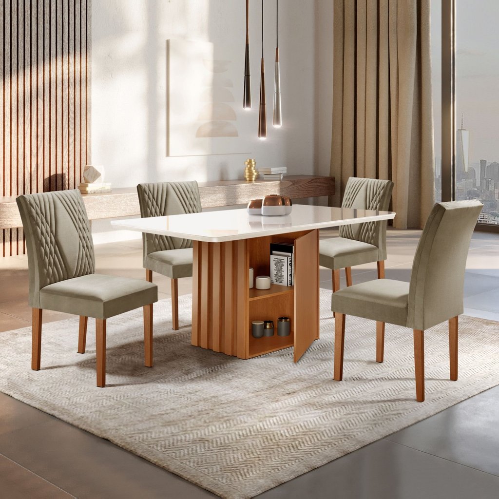 Conjunto Sala de Jantar Mesa Tampo Smart Plus Vidro 120x90cm com 4 Cadeiras Elis Yescasa Cinamomo/Off White/Veludo Areia em Oferta na Shopee