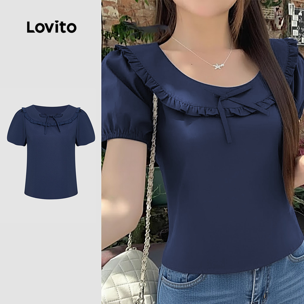 Lovito Blusa Casual com Laço Primavera/verão Blusa Azul Marinho para Mulheres LK2ED052 em Oferta na Shopee