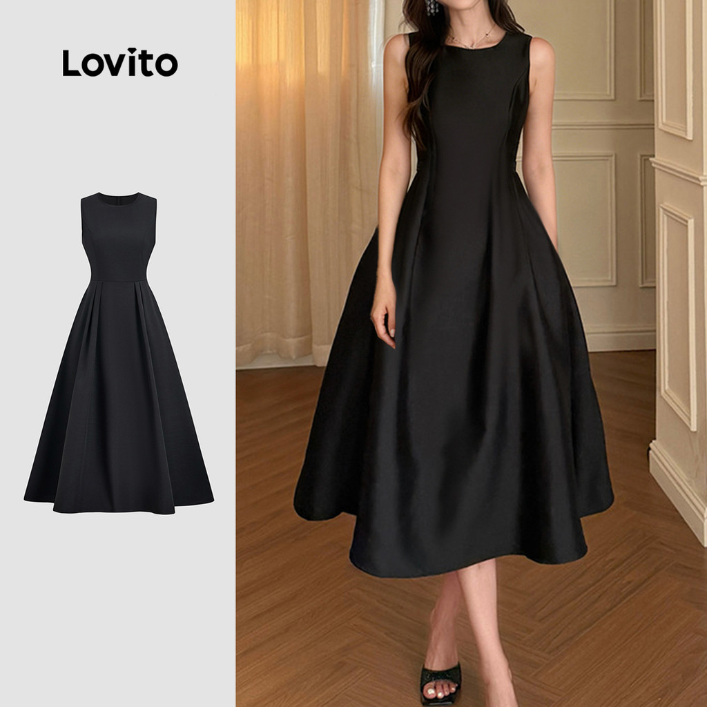 Lovito  Vestido Preto com Zíper e Pregas para Mulheres Primavera/Verão L172LD1299 em Oferta na Shopee