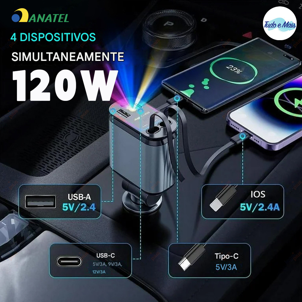 Carregador para Carro Ajustável 180° com Cabo Retrátil 4 em 1 Rápido e Luz LED iPhone Android