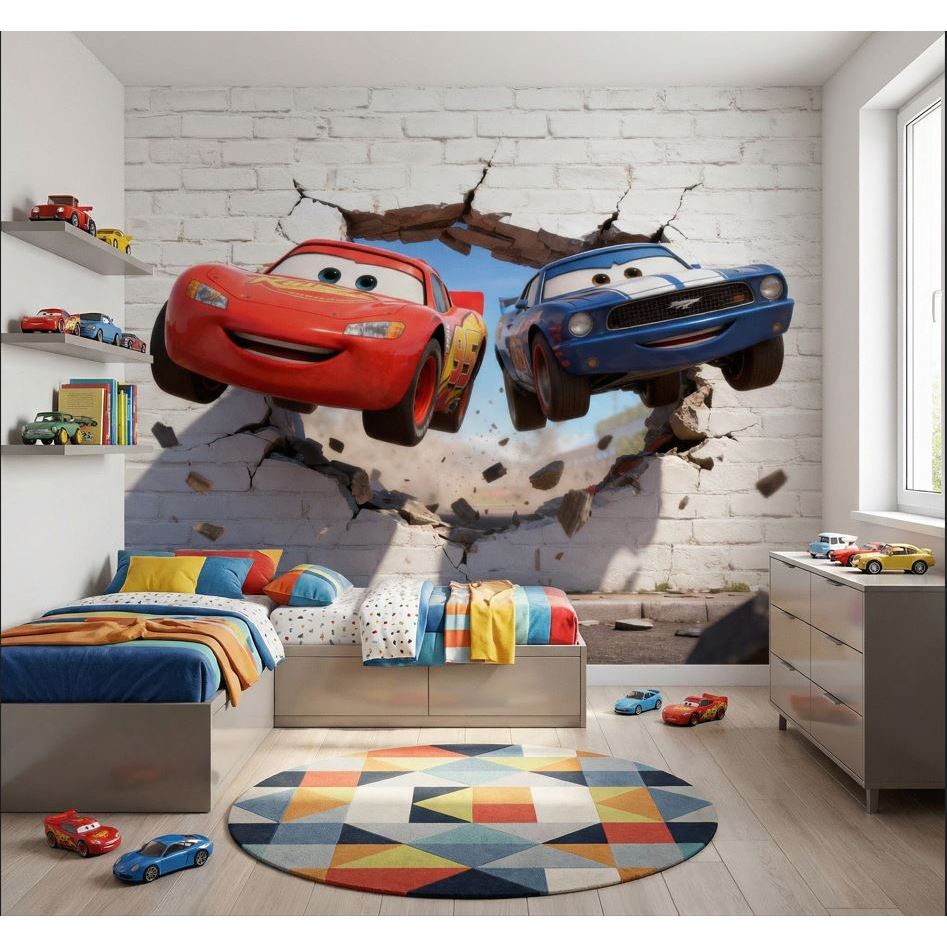 Papel de Parede Tema Carros Macqueen Mustang Azul com nome Personalizado para PAREDE TODA
