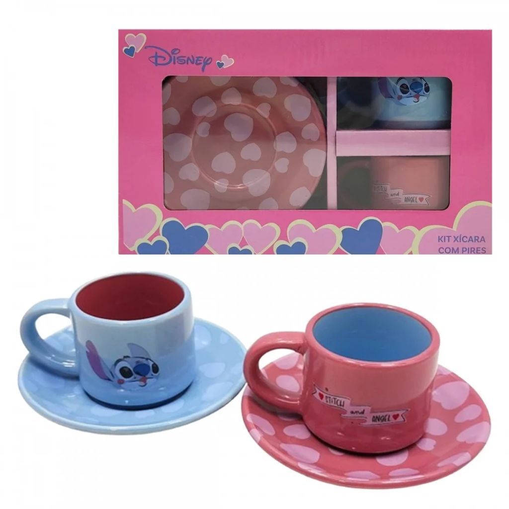 Kit Xicara Com Pires Stitch E Angel Namorados