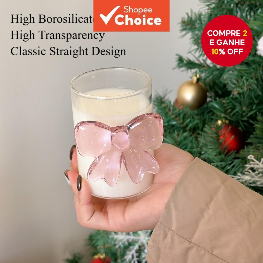 Copo de Vidro Transparente com Laço Rosa Feminino - Elegante e Resistente ao Calor para Leite, Suco e Sobremesa em Oferta na Shopee
