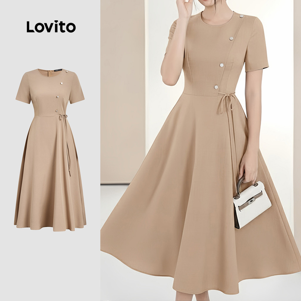 (Elegante) Lovito Vestido com para Trabalho Primavera/verão Cor Cáqui para mulheres Bordado L177ED1071