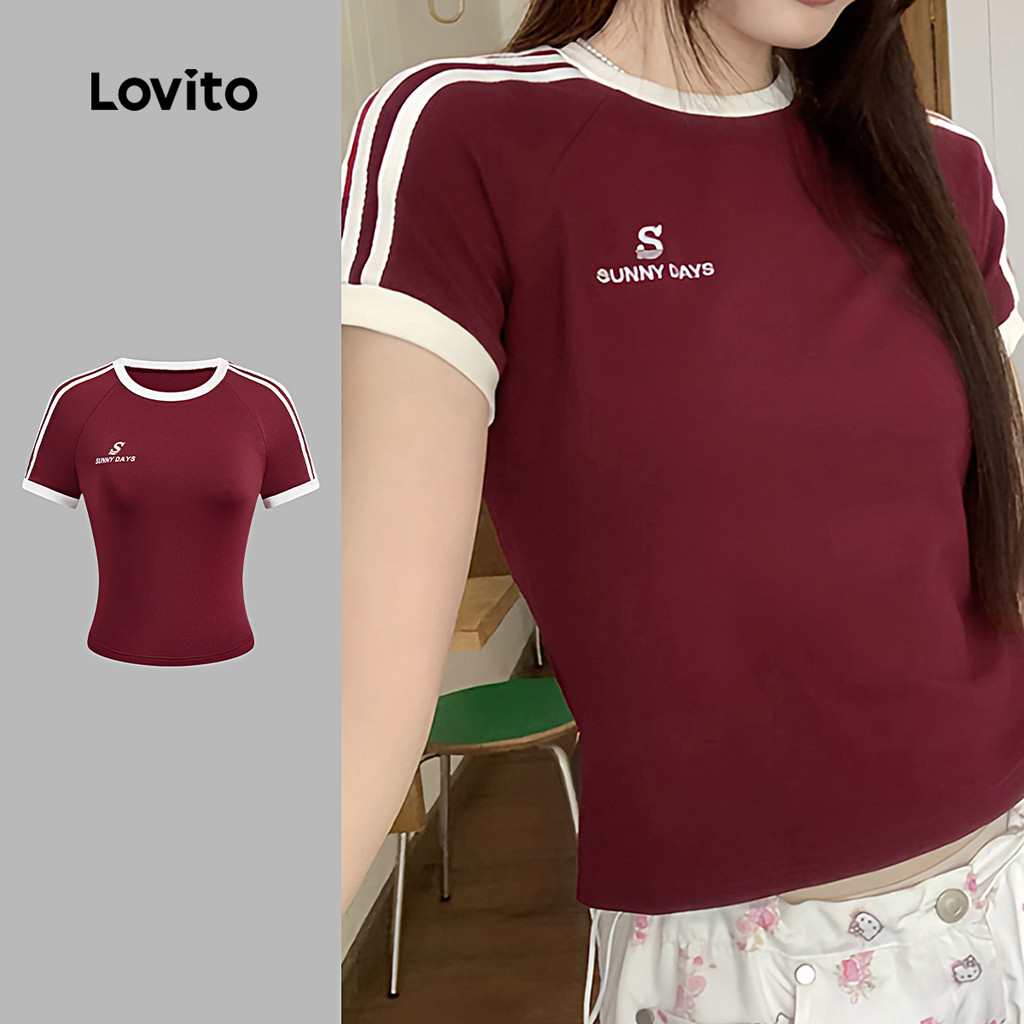 Lovito Camiseta Feminina Estilo Preppy Com Detalhes Contrastantes E Acabamento Liso L128ED158 em Oferta na Shopee