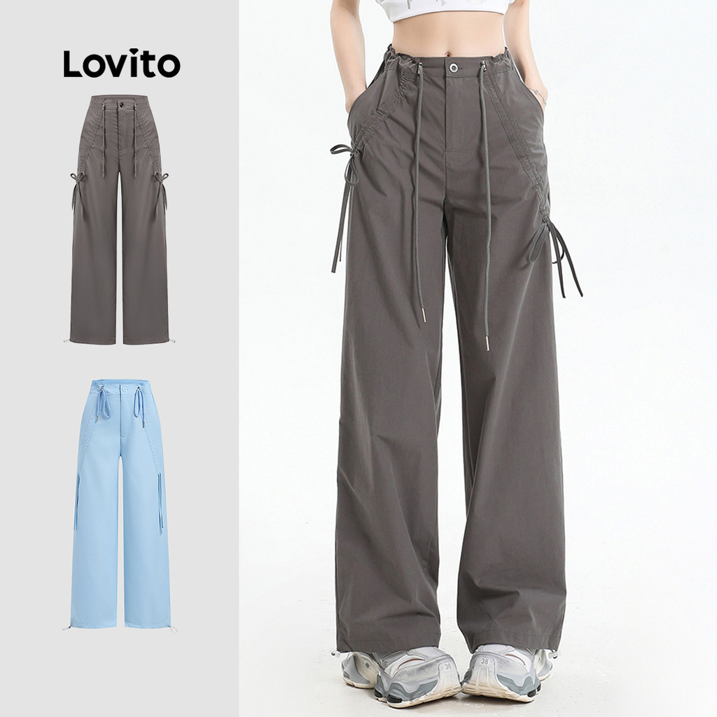 Lovito Calça Casual Com Cordão Liso Franzido Para Mulheres L110AD121 em Oferta na Shopee