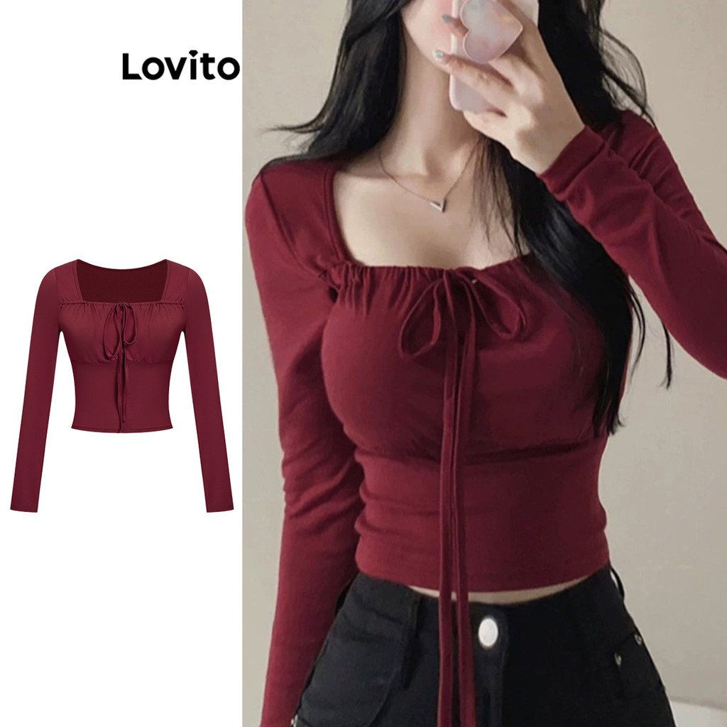Lovito Camiseta Casual Feminina Com Amarração Frontal Franzido E Pregas L106AD941 em Oferta na Shopee