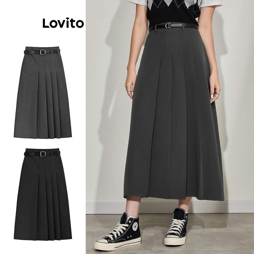 Lovito Saias Casuais Saia Assimétrica Plissada Lisa Para Mulheres L45AD051 (Cinza)