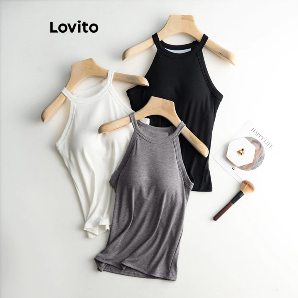 Lovito Top Casual Liso Com Bojo No Peito, Regata De Verão/primavera Para Mulheres LNL36137 em Oferta na Shopee