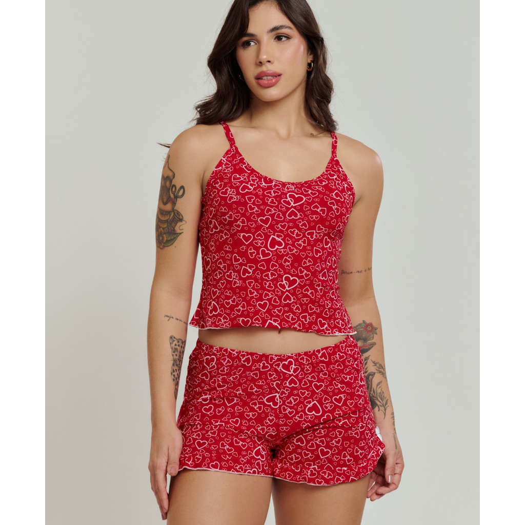 Short Doll Sem Bojo Estampado Coração Com Babado - Allure