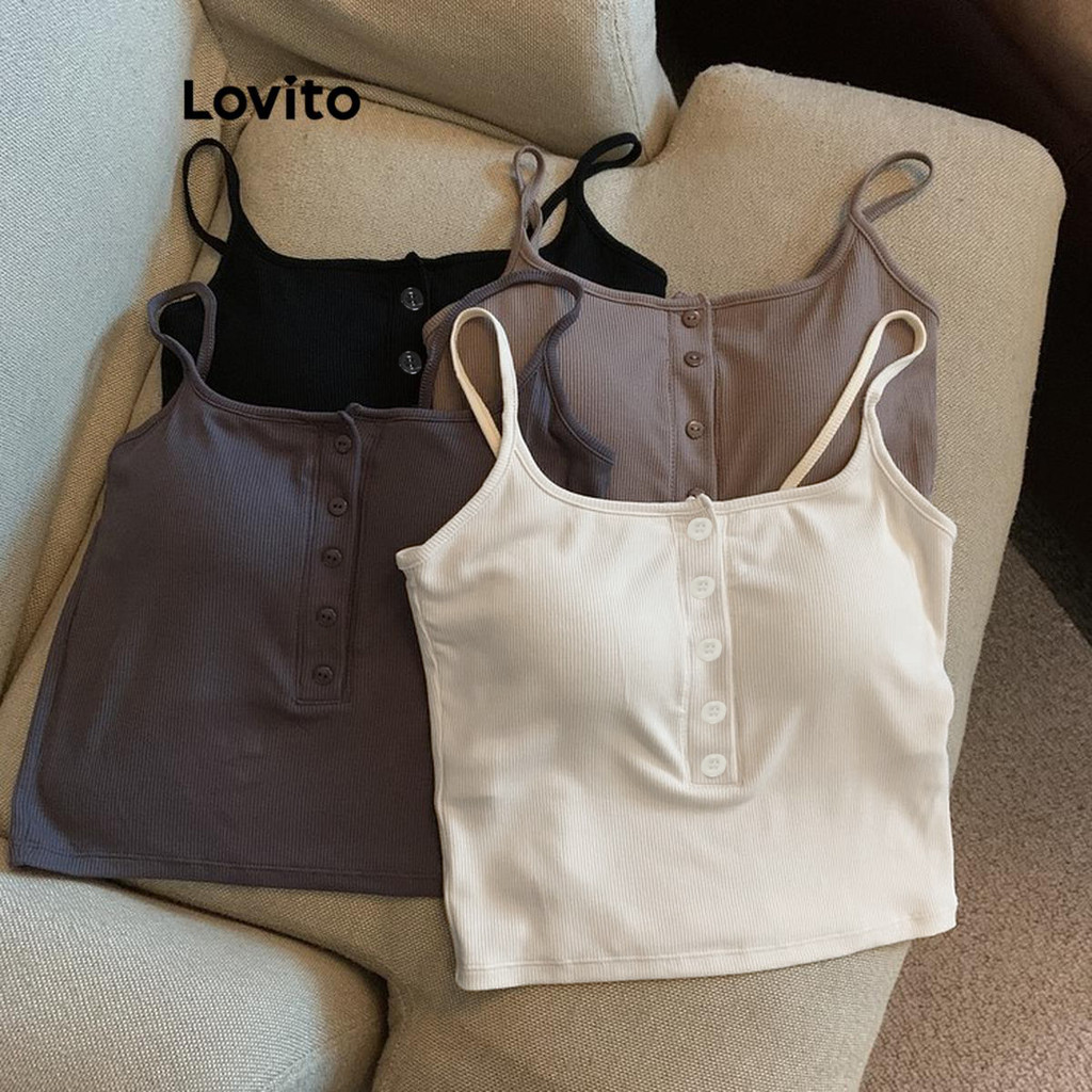 Lovito Regata Casual Com Botões Lisos Para Mulheres LNE42017 em Oferta na Shopee