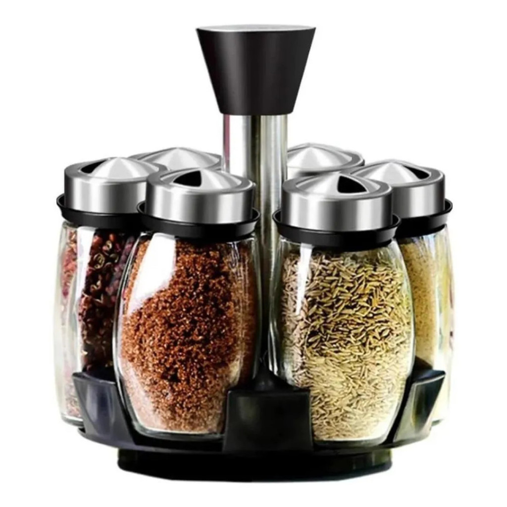 Porta Temperos Giratório 6 Potes Vidro Inox Suporte Organizador de Temperos Cozinha Giratório 360°
