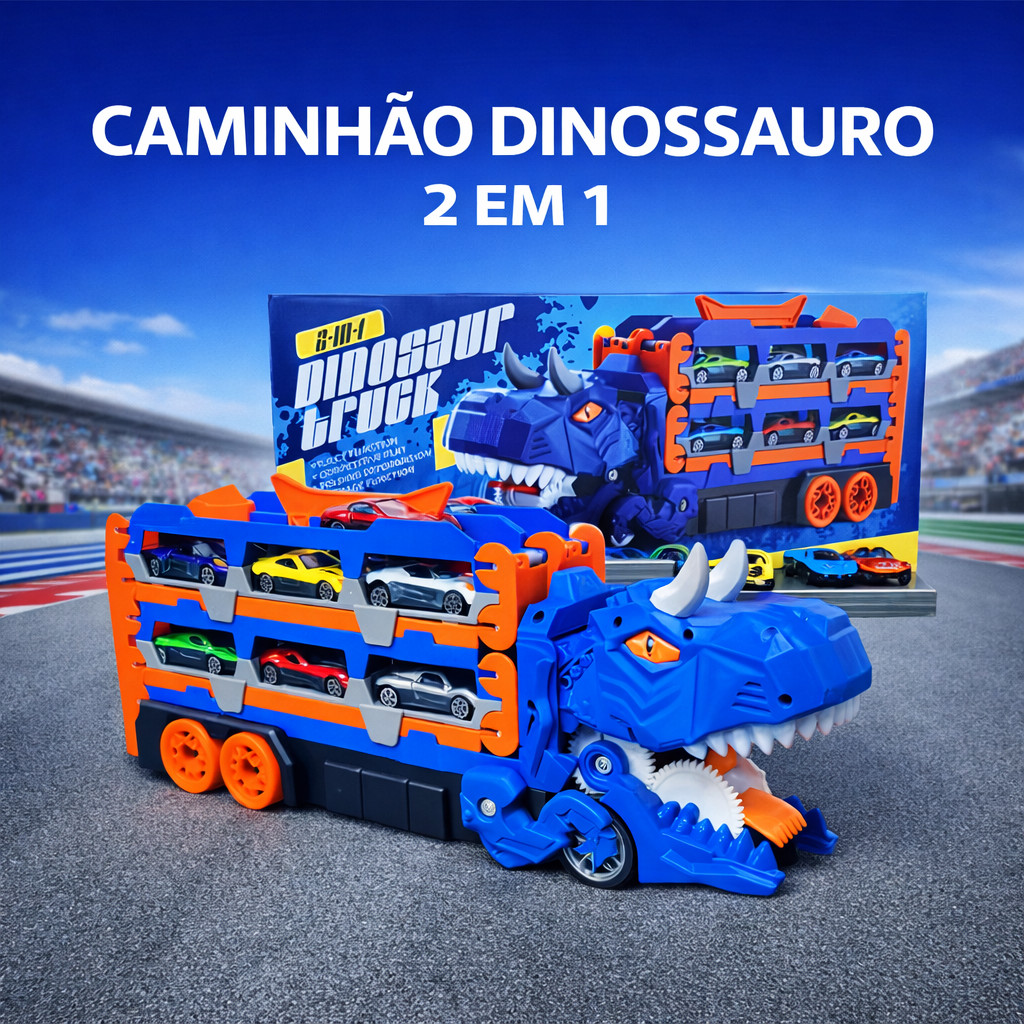Caminhão Dinossauro com Pista Lançador Dino Truck Engole Carros Brinquedo Carrinhos em Oferta na Shopee