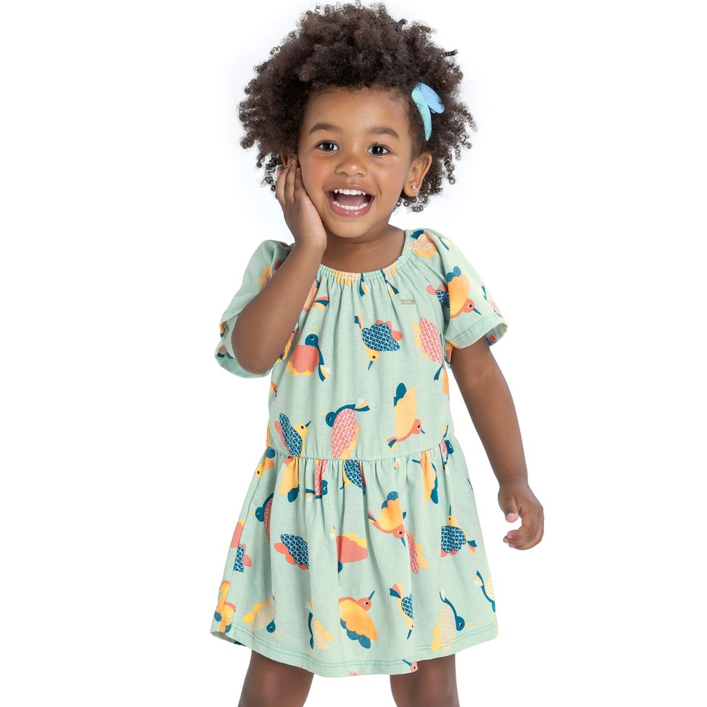 Vestido Infantil Menina Pássaros Elian Verde