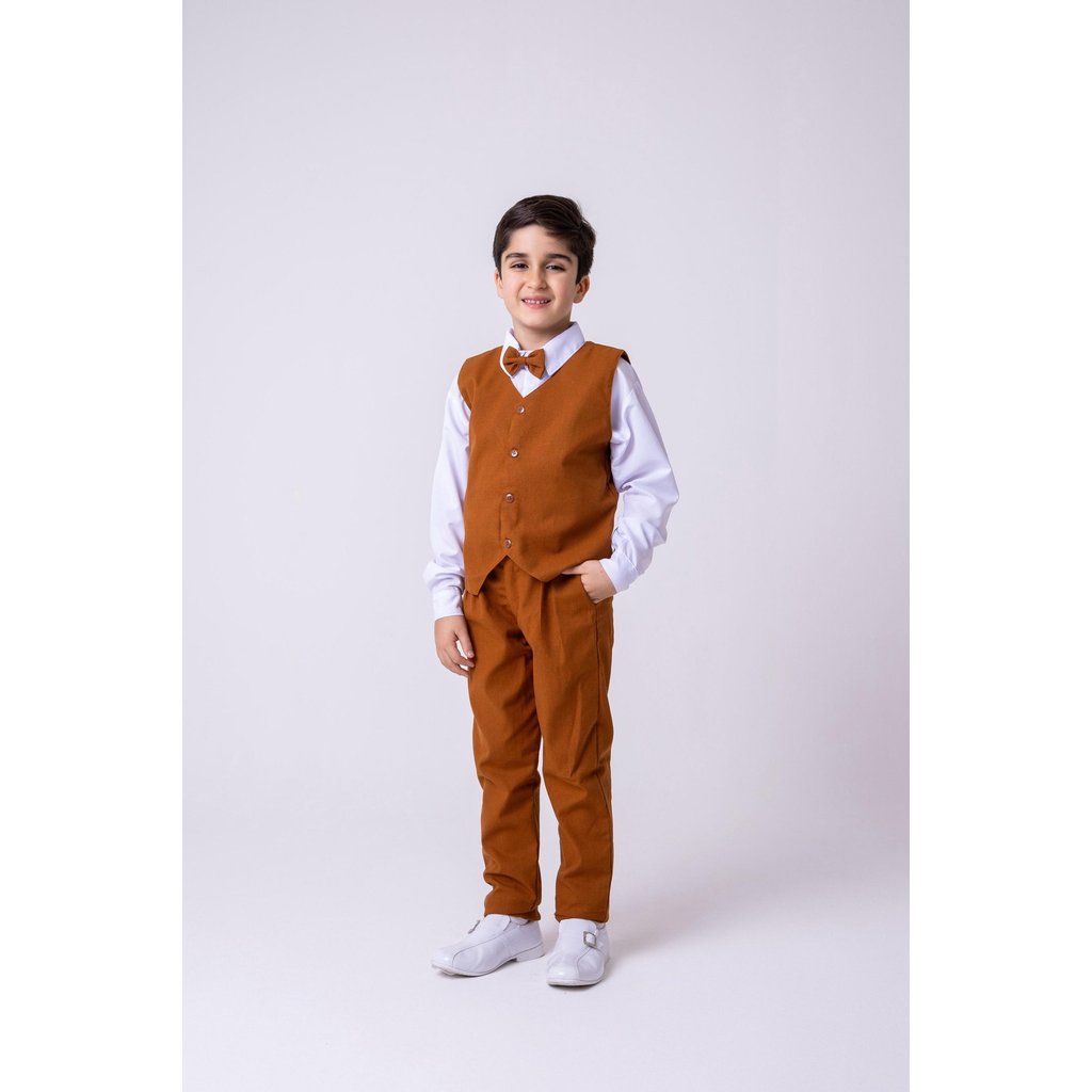 Conjunto social meninos pajem fardamento casamento calça camisa gravata Social Colete Caramelo