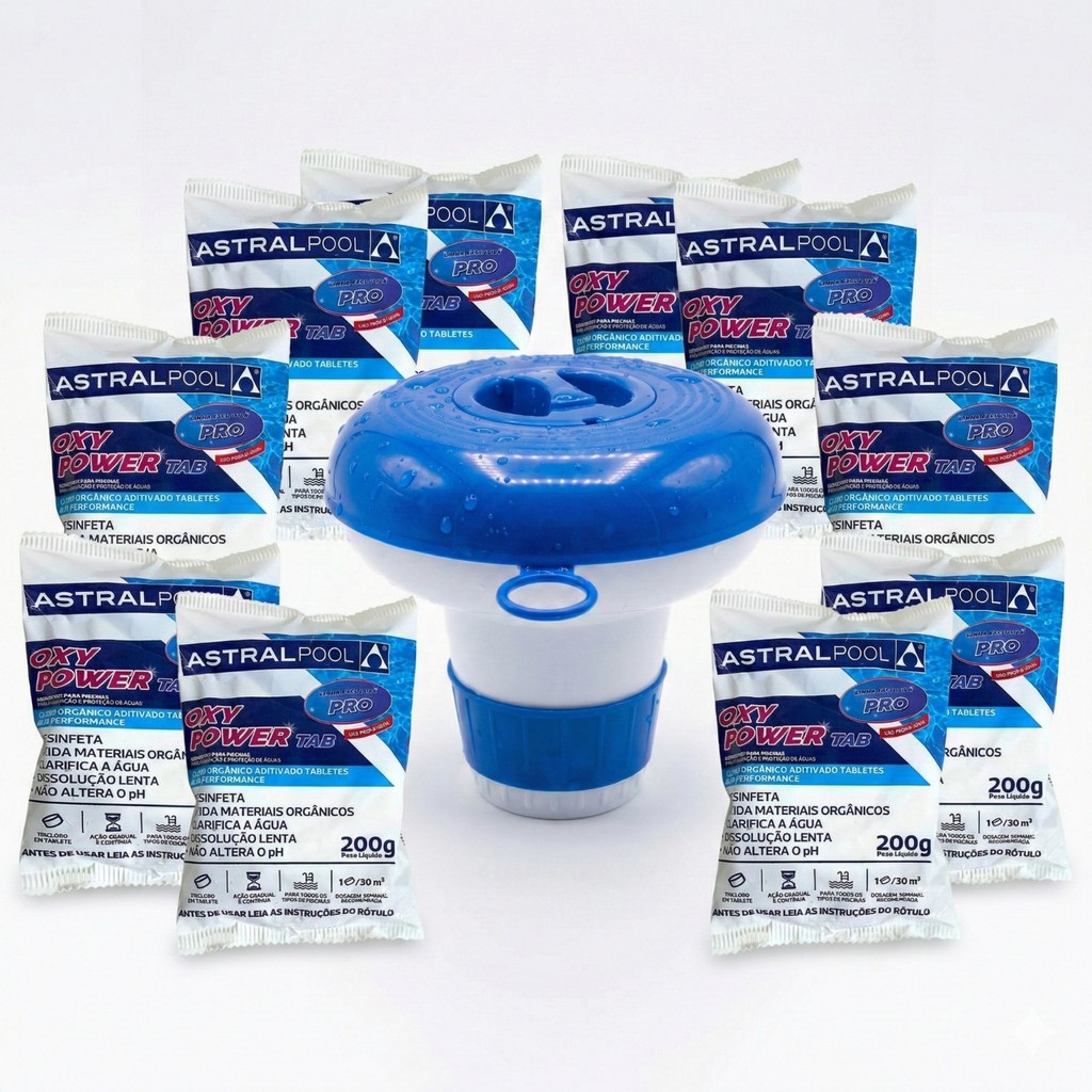 KIT FLUTUADOR PEQUENO 250G + 10 PASTILHAS OXYPOWER PRO 200 G CADA IDEAL PARA PISCINAS DE ATÉ 15.000L