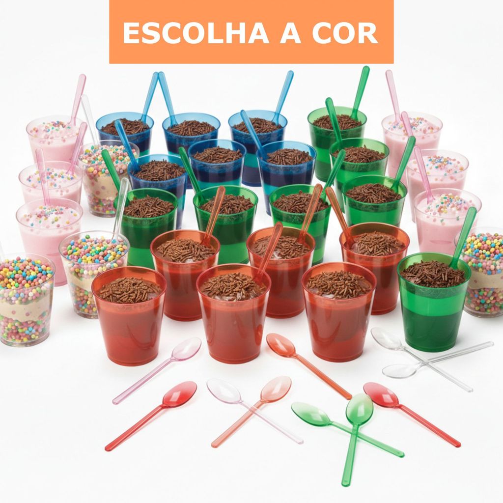 Kit 100 Copinho Acrílico 25ml Brigadeiro Colher Docinho Escolha Cor + Mini Colher Festa Aniversário