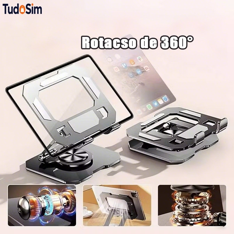 Suporte iPad Totalmente Alumínio de Mesa Base Rotatória Ajustável Dobrável 360º P/Tablet e Celular