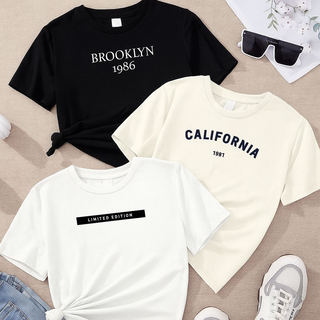 1.	Camiseta Básica Feminina Algodão Estampa Brooklyn California Moda Casual Confortável Dia a Dia Estilo Urbano
