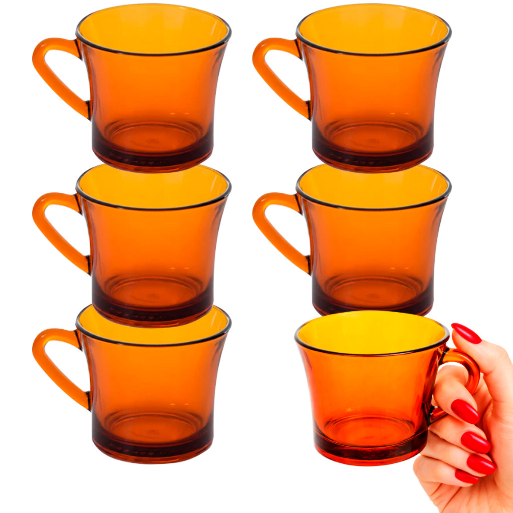 kit jogo de 6 Xicaras sino Âmbar Vidro Marrom Liso 190ml Chá Café Conjunto Louça Clássica Retro