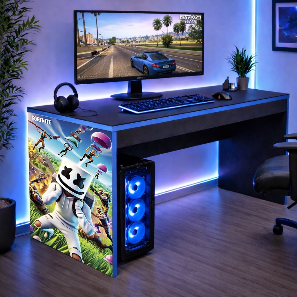 Mesa Escrivaninha Gamer com Borda Azul Marshmello Fortnite Personagens 90 CM Oferta Achadinho