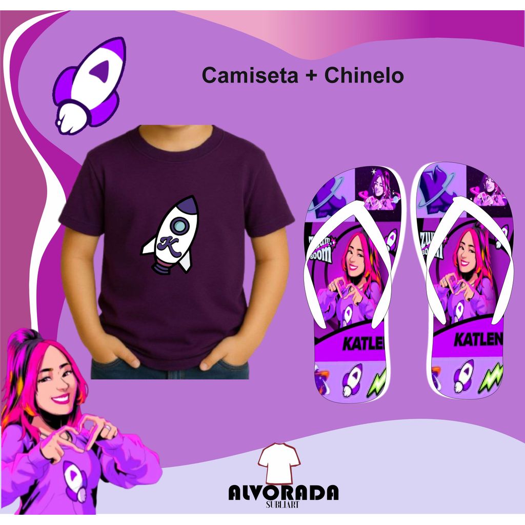 Promoção Camiseta 100% Algodão + Chinelo Sublimado Katlen Katlenof Ketlen Kit Infantil  Youtuber