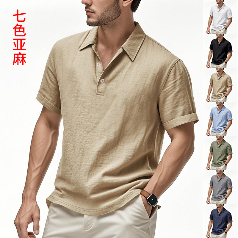 2026 Camisa Masculina Britânica Casual Camisa Solta Lapela de Linho Camisa POLO Camisa de Manga Curta Masculina